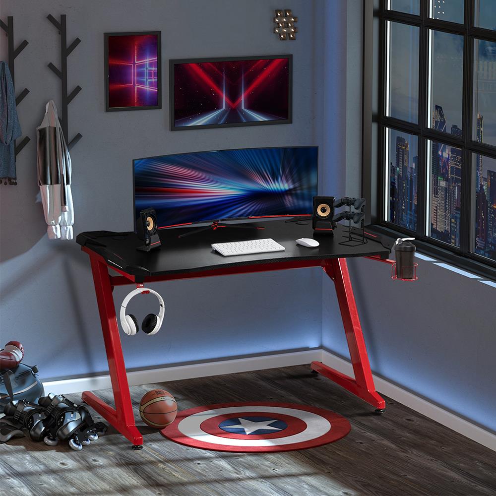 Scrivania Gaming ALEXIS LED, Design Sportivo, 120x76x66cm, in Metallo Rosso  e Legno Nero 