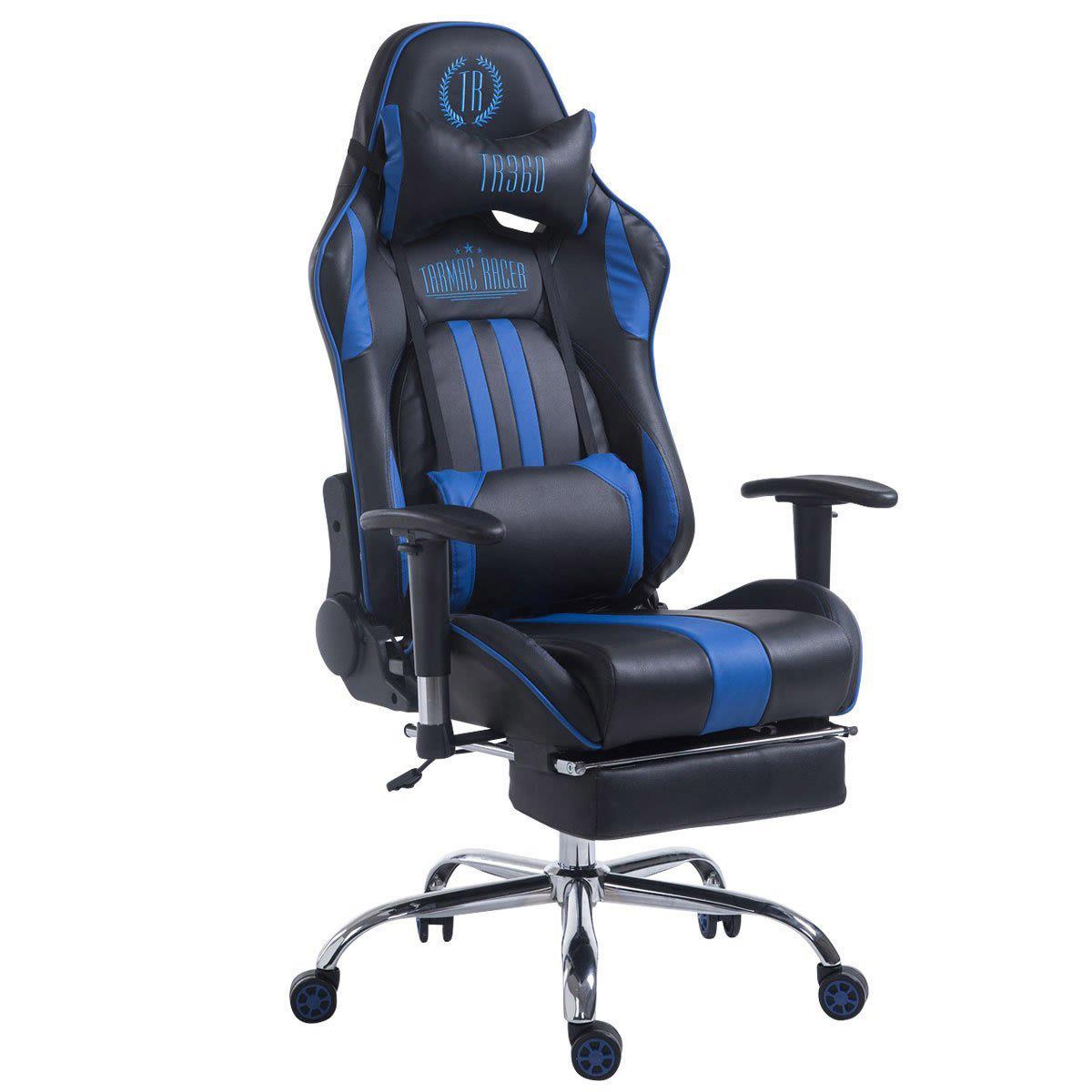 Poltrona Gaming LOGAN con poggiapiedi, ampia reclinazione, con cuscino  lombare e cervicale, in similpelle nero/blu 